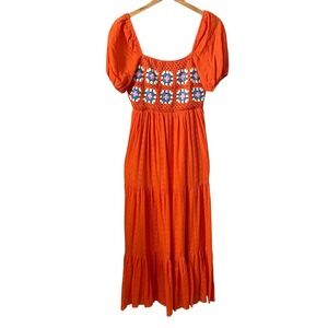 Karlie Orange Eyelet Crochet Granny Square Puff Sleeve Midi Dress Small Boho